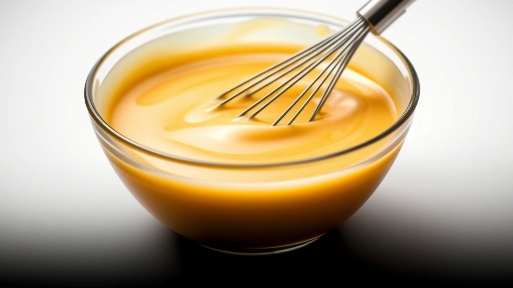 Smooth, perfectly emulsified golden sauce in clear glass bowl with small whisk, showing luxurious creamy consistency and glossy finish, studio lighting, professional culinary presentation