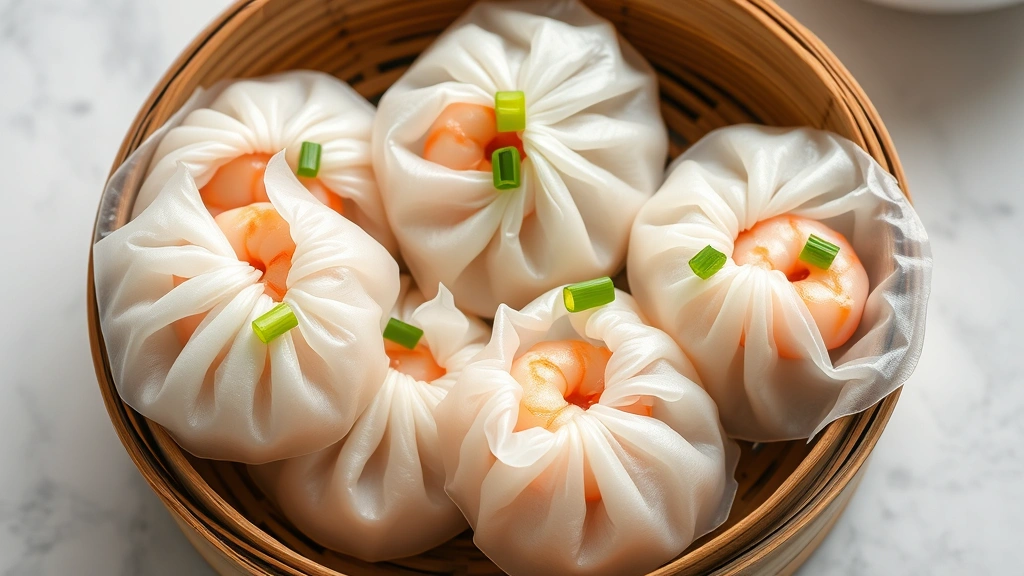 Overhead shot of fresh steamed har gow shrimp dumplings arranged on bamboo dim sum basket with translucent crystalline wrapper revealing plump pink shrimp inside, garnished with fresh scallion