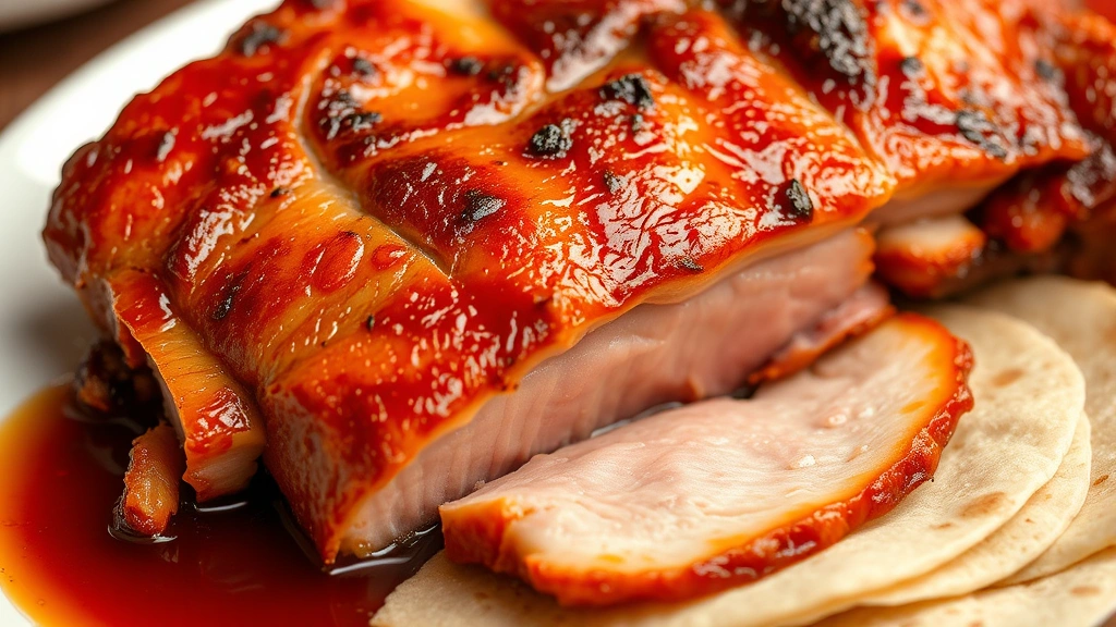 Close-up of golden-brown roasted Peking duck with crackling crispy skin, sliced to show tender meat inside, served on white porcelain with mandarin pancakes and sweet bean sauce