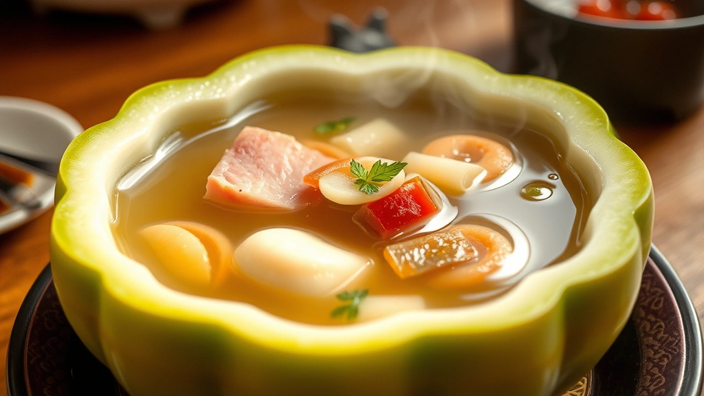 Steaming bowl of traditional Cantonese winter melon soup served inside carved melon bowl, clear broth with visible ham, scallop, and ginger, aromatic steam rising from surface