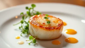 Close-up of perfectly seared scallop with golden crust, surrounded by microgreens, citrus foam, and vibrant sauce dots on pristine white plate, professional restaurant lighting