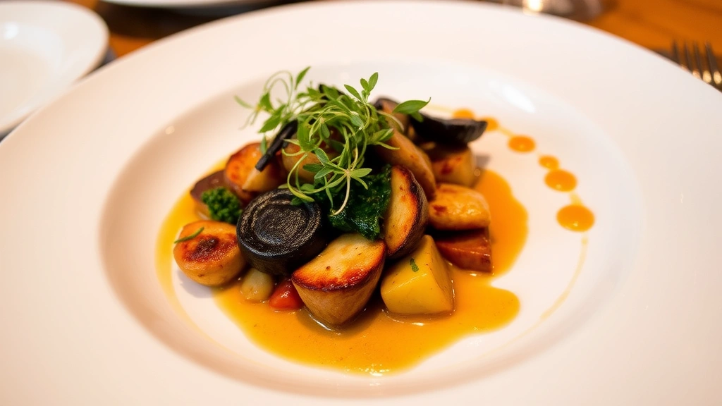 Artfully plated restaurant dish with seasonal roasted vegetables, delicate microgreens, and elegant sauce presentation on white ceramic plate, warm ambient lighting