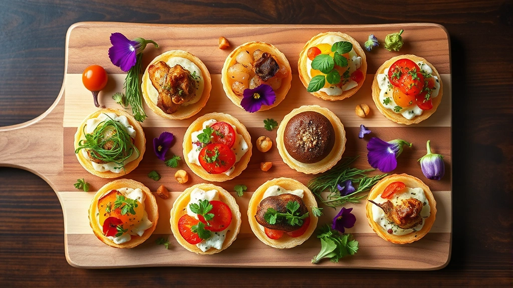 Overhead view of diverse small appetizers on wooden serving board with colorful herbs, edible flowers, and artistic plating, natural daylight from above