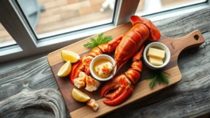 Overhead shot of a wooden cutting board featuring fresh lobster meat, lemon wedges, and premium butter in a small ramekin, arranged on weathered driftwood table near a harbor window