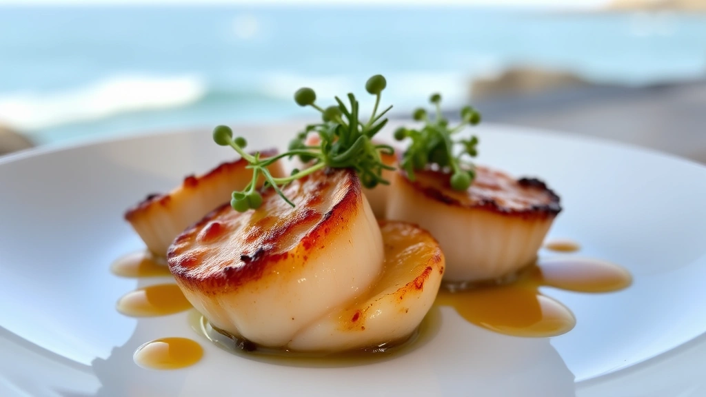 Close-up of golden-seared diver scallops with caramelized crust, topped with microgreens and dots of brown butter sauce, plated on white ceramic dish with ocean view background