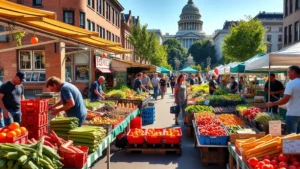 Vibrant farmers market scene with Capitol Hill neighborhood backdrop, colorful fresh produce displays, local vendors, customers selecting vegetables and fruits, morning sunlight, bustling activity