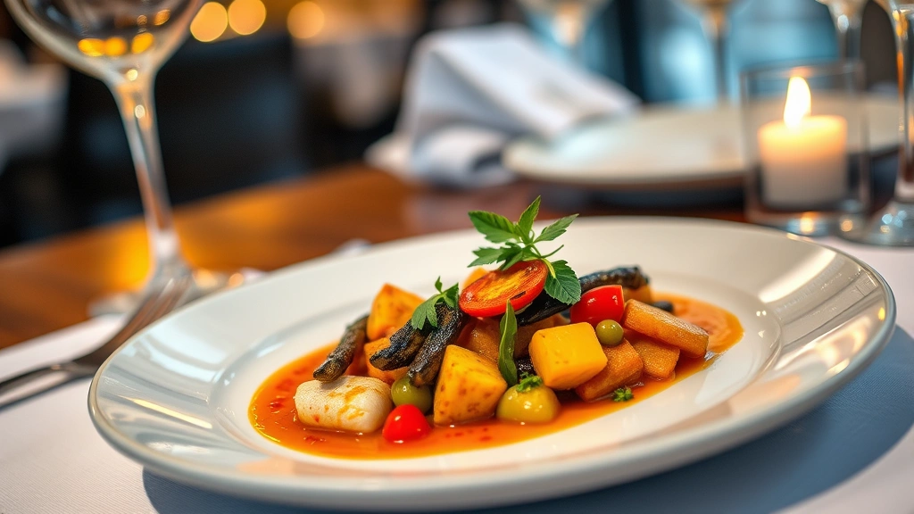Artfully plated contemporary dinner dish with seasonal vegetables, herb garnish, modern ceramic plate, restaurant table setting with soft candlelight, blurred wine glasses, minimalist presentation