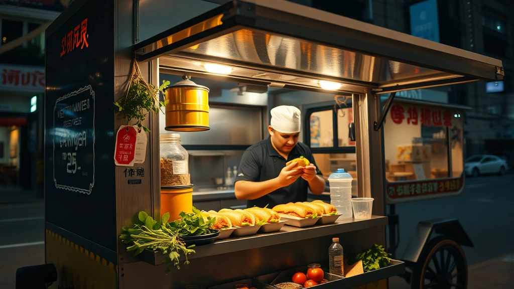 Late-night food cart exterior with warm lighting, chef preparing hand-held Vietnamese sandwiches, fresh herbs and pickled vegetables visible, urban street setting, inviting atmosphere