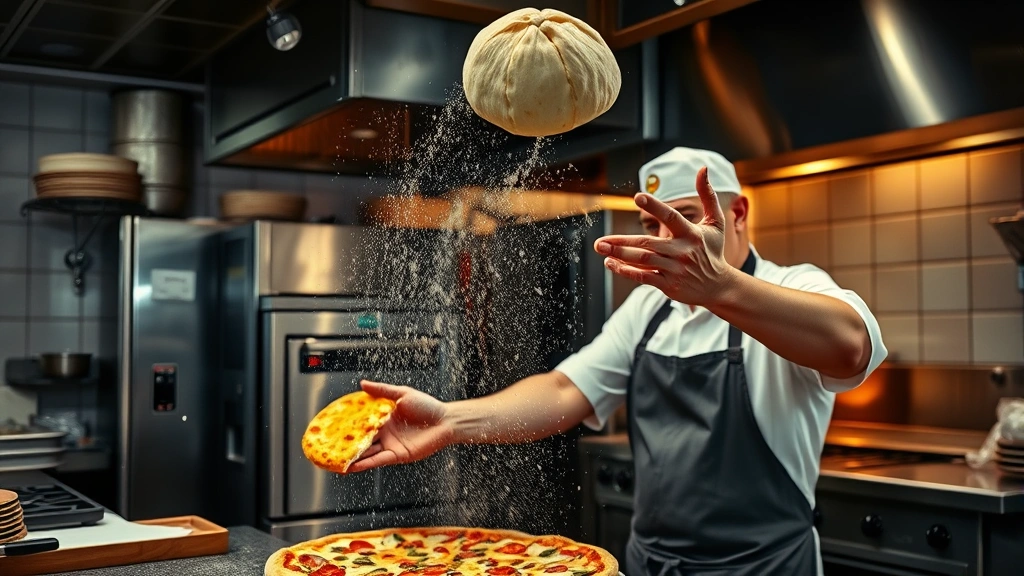 Skilled pizza maker tossing dough in air at busy pizzeria kitchen, flour particles suspended mid-motion, professional stainless steel kitchen equipment visible, warm oven glow in background, candid culinary action shot