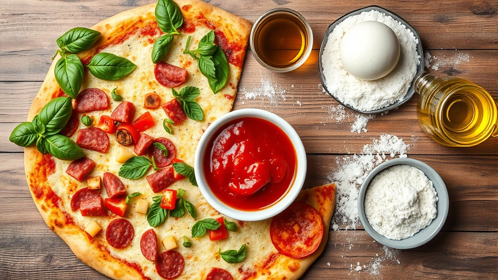 Overhead flat lay of pizza ingredients arranged artfully: fresh basil, sliced pepperoni, diced vegetables, mozzarella ball, tomato sauce in bowl, flour, olive oil, professional food styling with rustic wooden surface