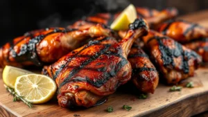 Perfectly charred jerk chicken pieces glistening with marinade, displaying dark caramelized edges and smoky char marks, served on a rustic wooden board with lime wedges and fresh thyme sprigs scattered around, steam rising from the hot meat