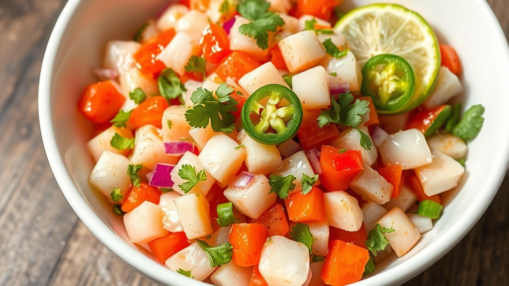 Fresh conch salad in a white ceramic bowl showing diced translucent conch meat mixed with vibrant diced tomatoes, red onions, cilantro, and lime juice, garnished with fresh cilantro leaves and thin jalapeño slices, bright natural lighting highlighting the citrus-cured texture