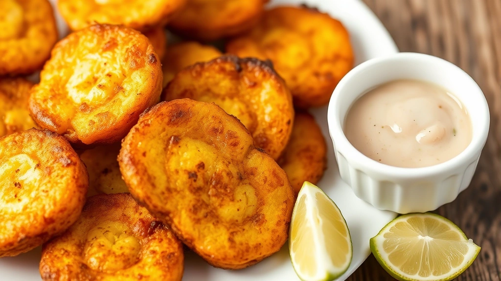 Golden-brown twice-fried tostones arranged on a white plate with crispy edges and creamy centers, accompanied by a small white ramekin of garlicky mojo sauce, fresh lime wedges on the side, close-up detail showing the crispy texture and steam rising from the warm plantains