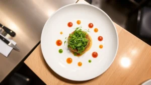 Overhead view of an elegantly plated fine dining dish with microgreens, sauce dots, and protein center, white ceramic plate, professional kitchen lighting, restaurant setting