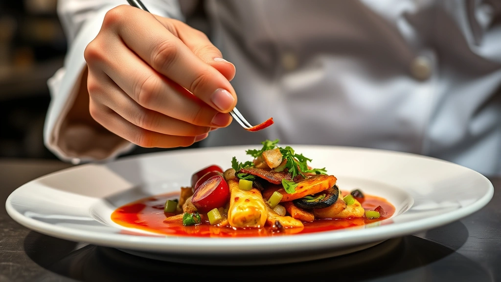 Close-up of a chef's hands carefully plating a contemporary American dish with tweezers, showing sauce work and ingredient placement detail, warm kitchen lighting