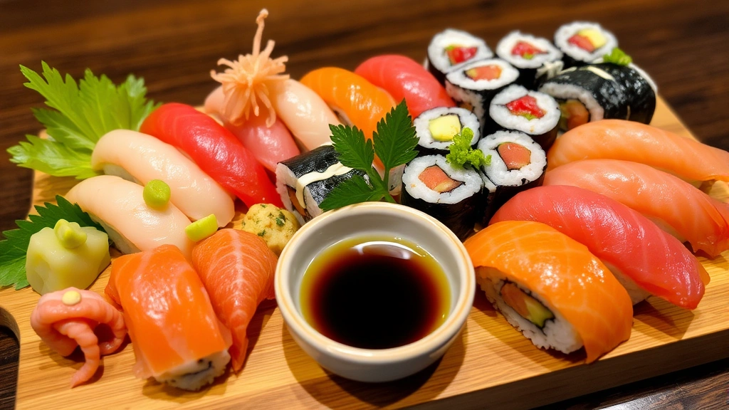 Artfully arranged sushi platter with various nigiri and rolls, fresh wasabi, pickled ginger, soy sauce in ceramic dish, wooden serving board, soft diffused lighting