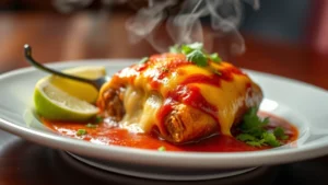 Close-up of a perfectly plated chile relleno with melted cheese and rich red sauce, garnished with fresh cilantro and lime wedge, steam rising from the warm dish, professional restaurant plating