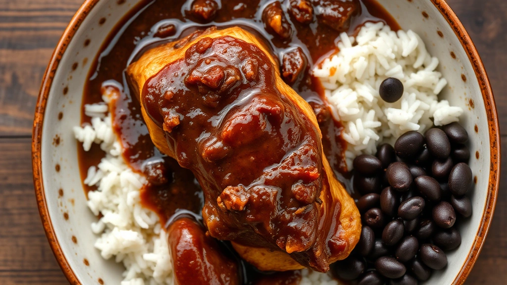 Overhead shot of Casa Grande's signature mole negro with tender chicken, dark glossy sauce with visible spice texture, served alongside white rice and black beans, vibrant and appetizing composition
