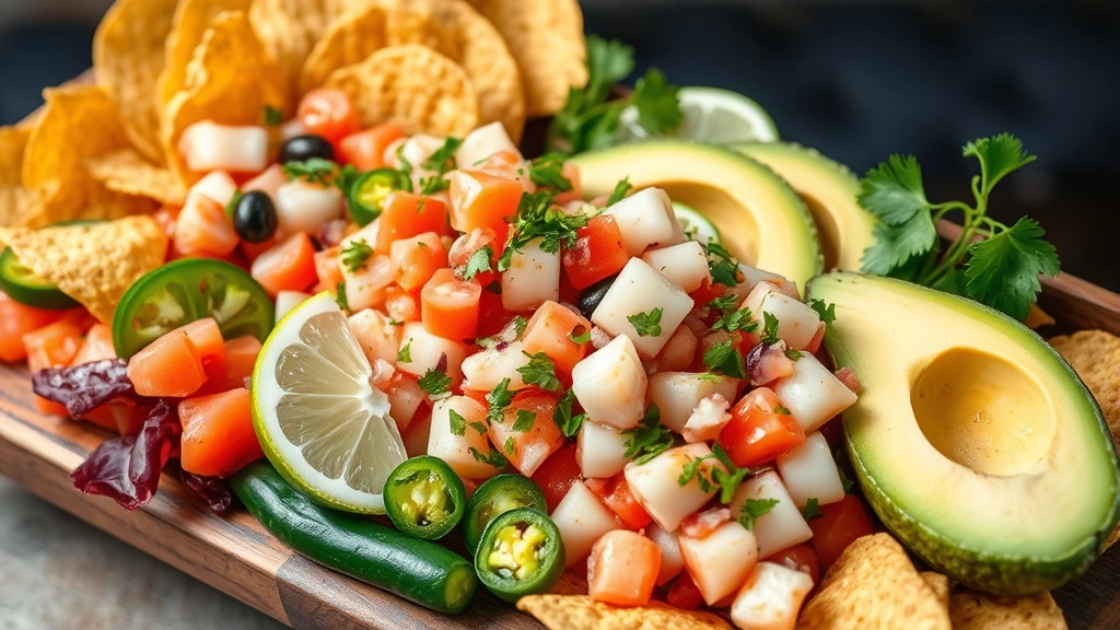 Artfully arranged charcuterie-style platter of fresh ceviche with lime-cured seafood, avocado slices, crispy tortilla chips, jalapeños, and fresh cilantro, vibrant colors and professional food styling, appetizing presentation