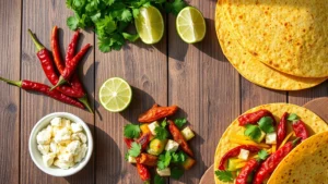 Overhead flat lay of traditional Southwestern cuisine components: dried red chiles, fresh cilantro, lime wedges, cotija cheese crumbles, and colorful corn tortillas arranged artfully on rustic wooden surface with natural sunlight, photorealistic food styling
