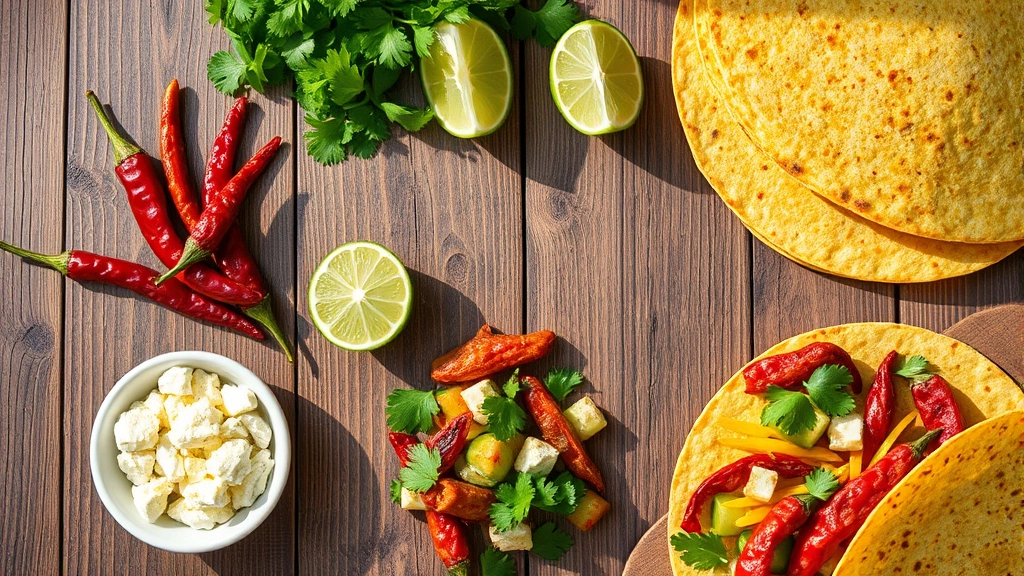 Overhead flat lay of traditional Southwestern cuisine components: dried red chiles, fresh cilantro, lime wedges, cotija cheese crumbles, and colorful corn tortillas arranged artfully on rustic wooden surface with natural sunlight, photorealistic food styling