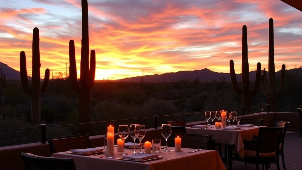 Golden hour sunset over Arizona desert landscape with saguaro cacti silhouetted against colorful sky, elegant outdoor patio dining setup in foreground with candlelit tables, wine glasses, and fine linens, warm romantic lighting