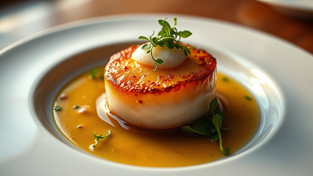 Close-up of a perfectly seared scallop with brown butter sauce, microgreens, and citrus foam on white ceramic plate, professional plating, warm kitchen lighting, shallow depth of field