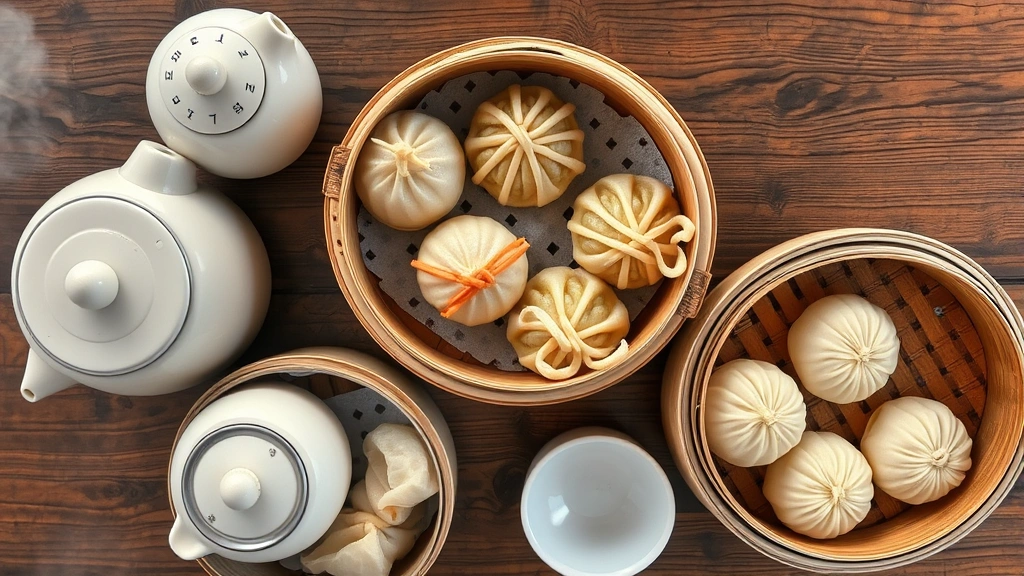 Overhead shot of steaming bamboo baskets filled with various dim sum dumplings including har gow, siu mai, and vegetable buns, ceramic tea pot, wooden table surface, natural daylight