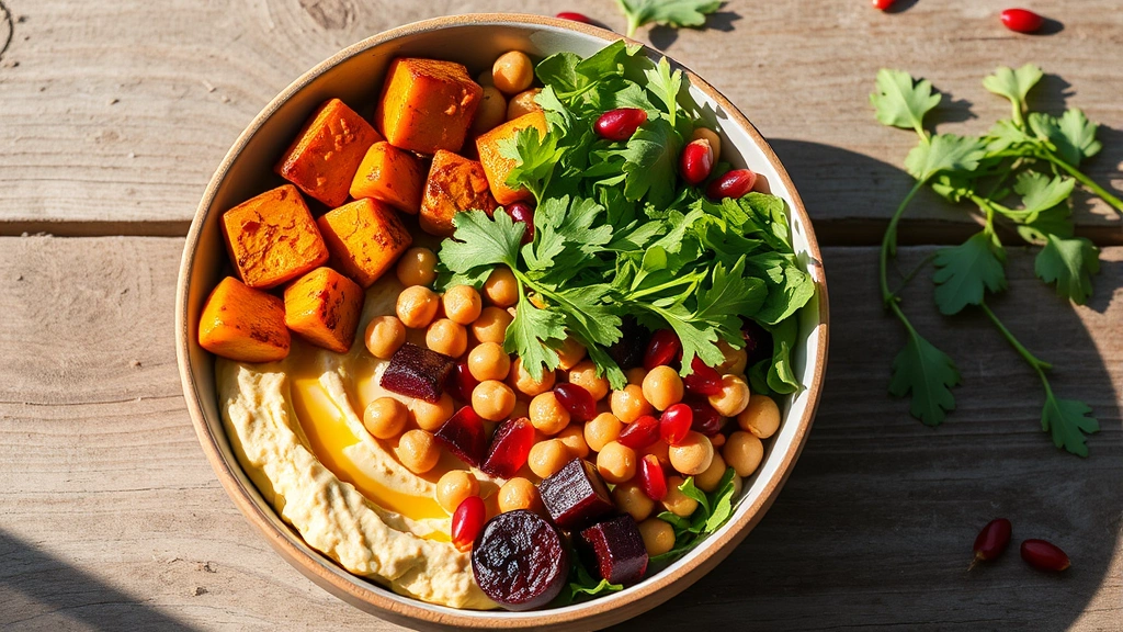 Vibrant vegetarian Buddha bowl with roasted golden beets, creamy hummus, crispy chickpeas, fresh arugula, pomegranate seeds, and tahini drizzle, rustic wooden surface, afternoon sunlight