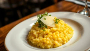 Overhead shot of a perfectly plated Italian risotto with saffron, garnished with fresh microgreens and shaved Parmigiano-Reggiano, creamy golden texture visible, shallow depth of field, warm restaurant lighting, artisanal white ceramic plate