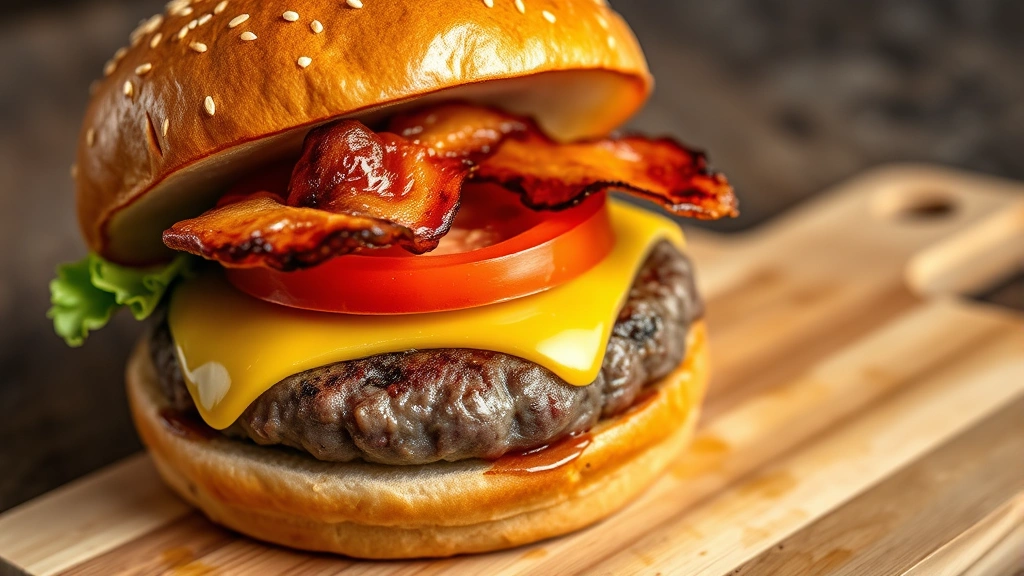 Close-up of a gourmet burger mid-bite showing perfectly seared beef patty with pink center, melted cheese, crispy bacon, fresh tomato slice, and artisanal bun with sesame seeds, steam rising, professional food photography lighting, wooden cutting board background