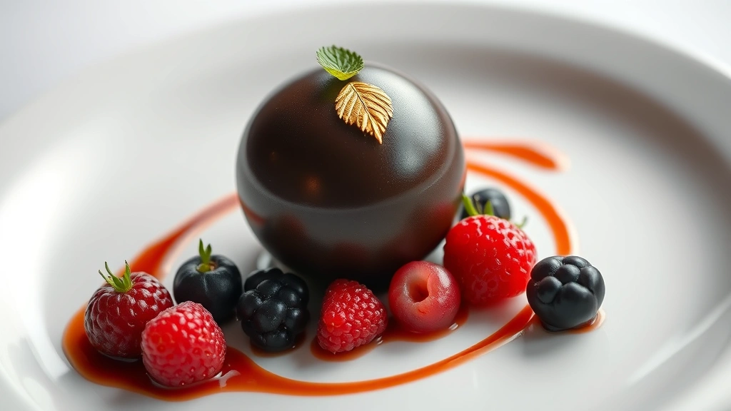 Elegant fine dining plated dessert featuring dark chocolate sphere, fresh berries, gold leaf accent, micro herbs, artistic sauce swoosh, white porcelain plate, soft studio lighting, shallow focus, sophisticated presentation