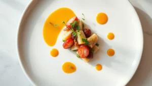 Overhead shot of artfully plated fine dining dish with seasonal vegetables, microgreens, and elegant sauce dots on white ceramic plate, soft natural lighting