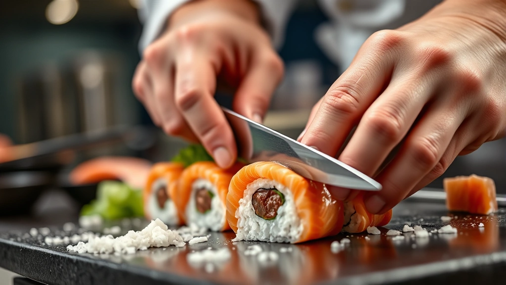 Close-up of chef's hands preparing fresh sushi with precise knife work, glistening raw fish and rice visible, professional kitchen background with bokeh
