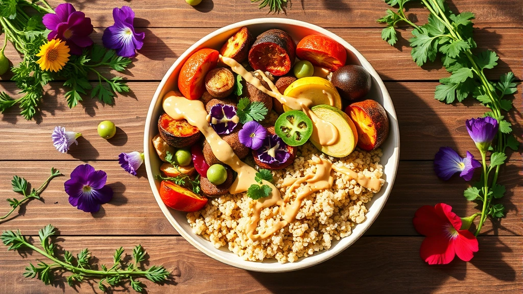 Vibrant flatlay of colorful vegan bowl with roasted vegetables, quinoa, tahini drizzle, fresh herbs, and edible flowers on wooden table with natural sunlight