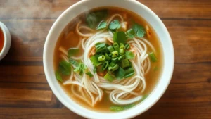 Overhead view of steaming Vietnamese pho bowl with fresh herb garnishes, rice noodles, and fragrant broth in white ceramic bowl on wooden table