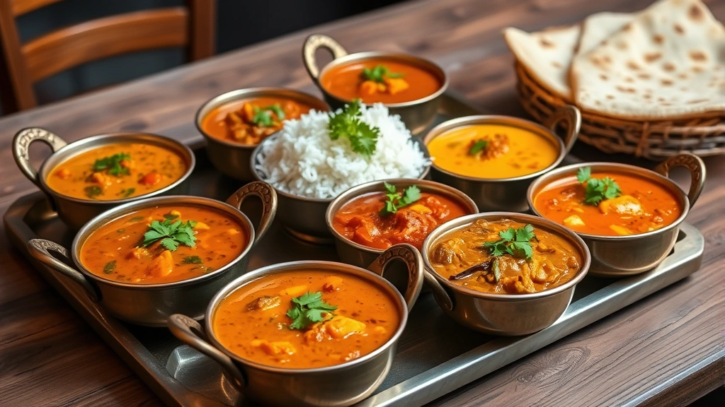 Colorful array of Indian curry dishes in small brass bowls with rice, naan bread, and fresh cilantro garnish on rustic wooden surface, warm lighting