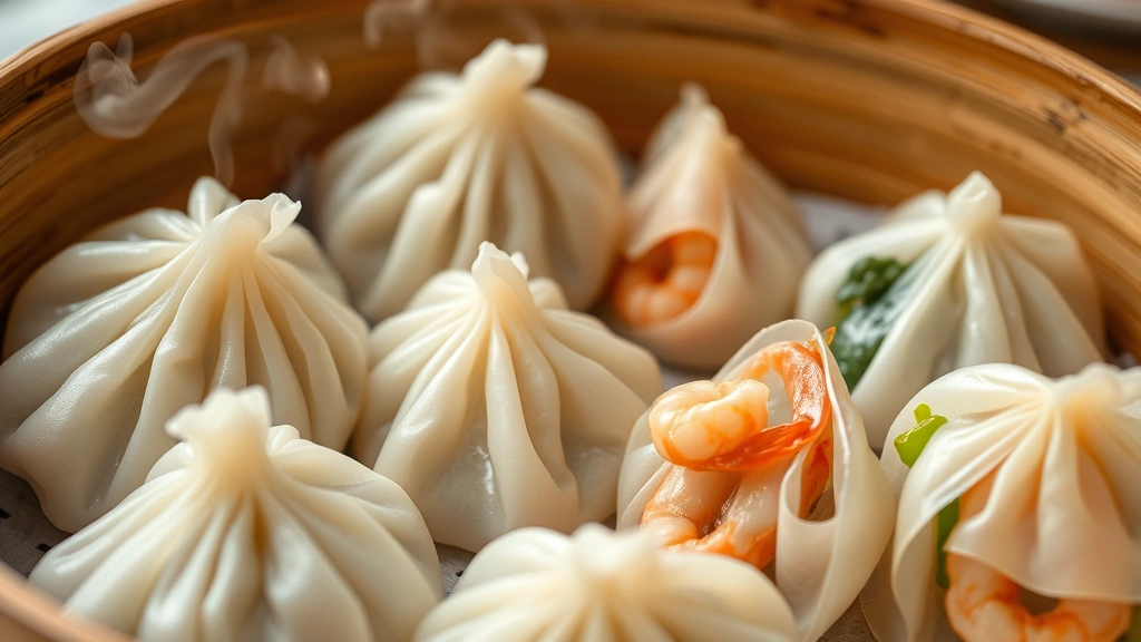 Close-up of authentic Chinese dim sum basket containing translucent steamed dumplings with visible shrimp filling and vegetable parcels, steam rising