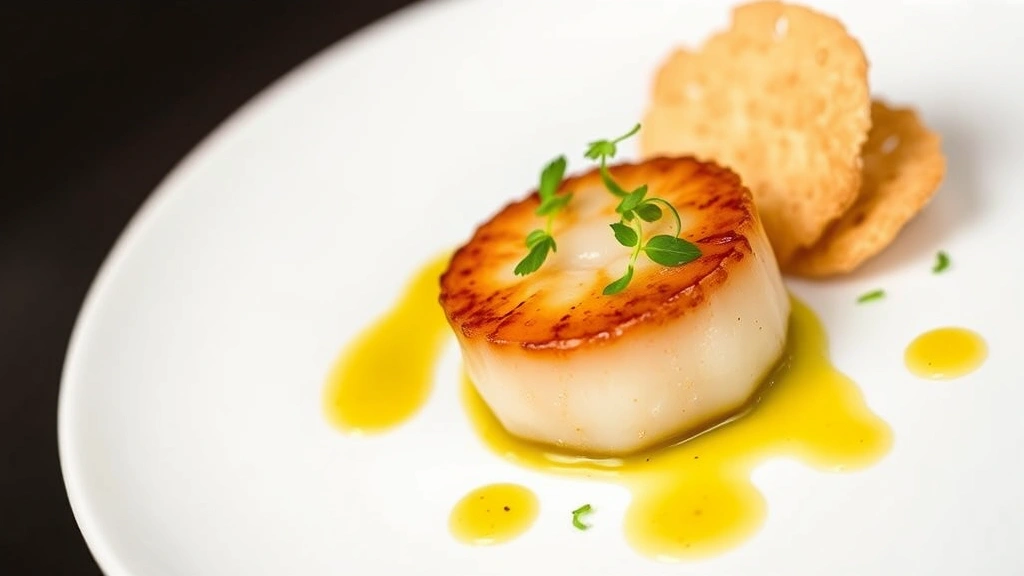 Perfectly seared scallop with caramelized golden surface, delicate yuzu emulsion drizzle, microgreens, and crispy rice crackers on minimalist white plate