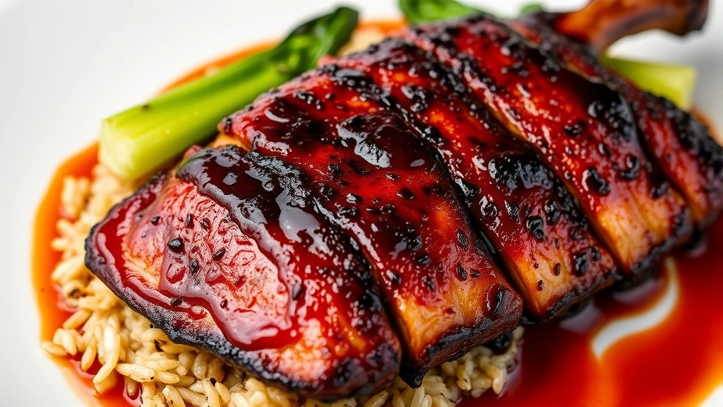 Close-up of Chef Huang's signature duck dish with crispy mahogany skin, cherry gastrique sauce, charred bok choy, and crispy shallot rice on white plate