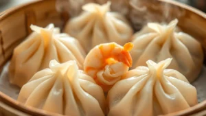 Close-up of steaming har gow dumplings with translucent wheat starch wrappers, revealing plump shrimp inside, bamboo steamer basket in soft warm light