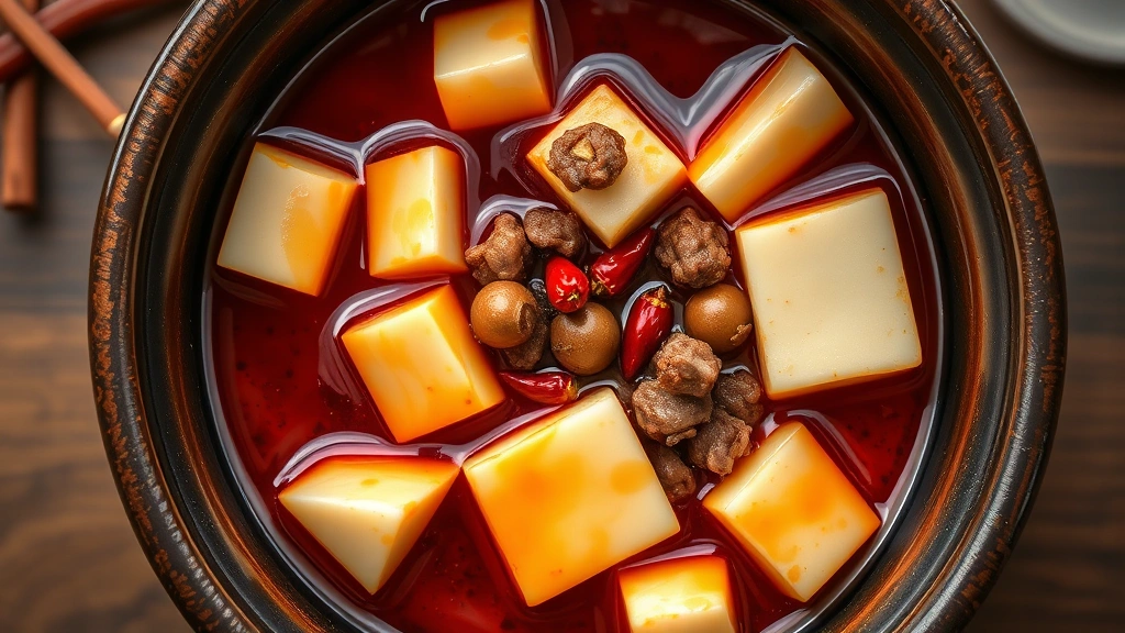 Overhead shot of mapo tofu in earthenware vessel with crimson chili oil, silken tofu cubes, ground pork, and whole Sichuan peppercorns glistening