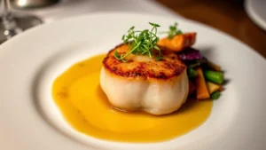 Artfully plated fine dining dish featuring seared scallop with microgreens, delicate sauce drizzle, and colorful vegetable accompaniments on white porcelain plate, professional restaurant lighting, shallow depth of field, food photography style, no text or labels