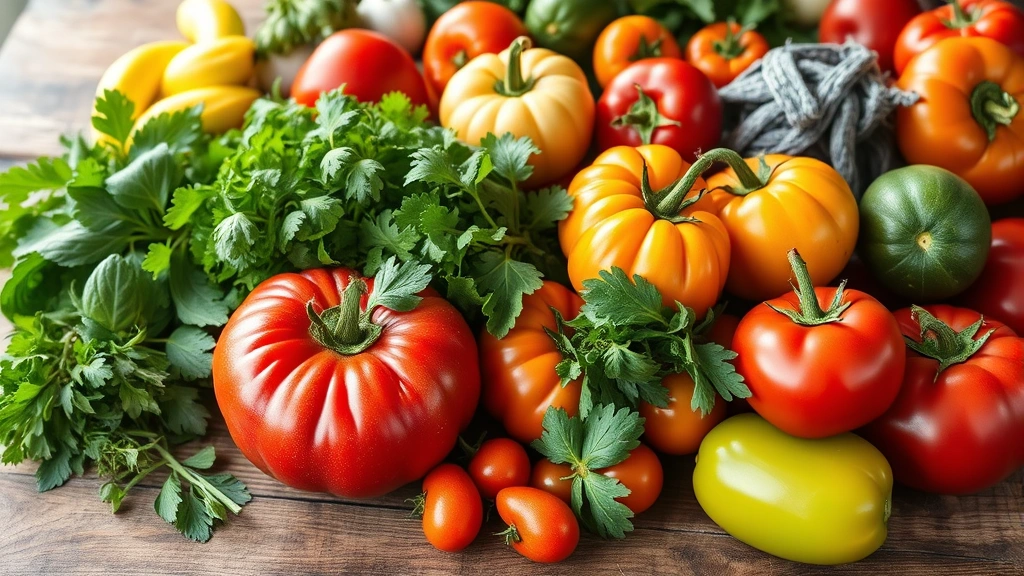 Seasonal farmers market vegetables including heirloom tomatoes, fresh herbs, and colorful produce arranged on rustic wooden surface, natural daylight, vibrant colors, culinary ingredient photography, no signage or text