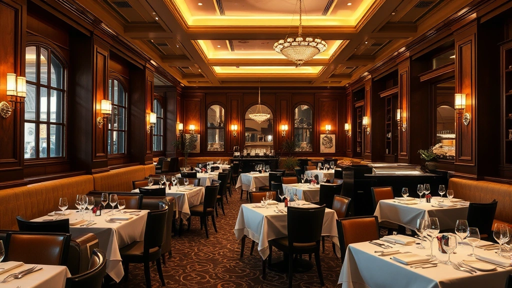 Elegant restaurant dining room interior with warm ambient lighting, set tables with white linens, comfortable seating arrangement, sophisticated ambiance, no people visible, focus on architectural and design elements, professional food service environment