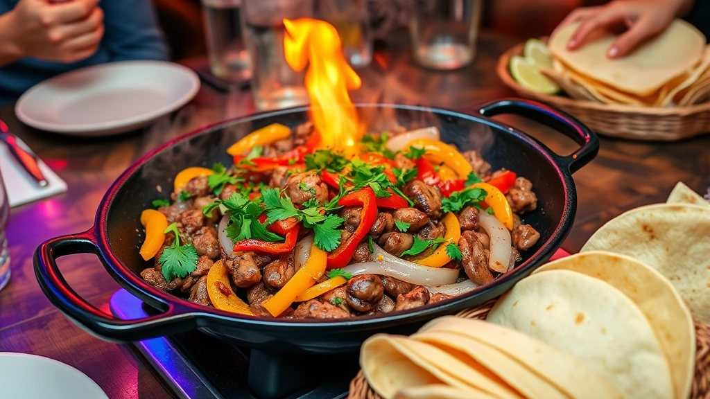 Sizzling fajitas arriving at table with steam rising, colorful bell peppers and onions, cilantro garnish, lime wedges, warm flour tortillas in basket, authentic Mexican plating