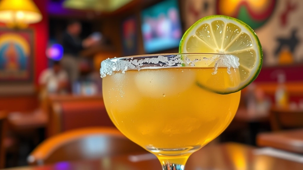 Oversized margarita glass with salt rim, fresh lime wheel, clear golden tequila-based cocktail, condensation on glass, vibrant Mexican restaurant ambiance blurred in background
