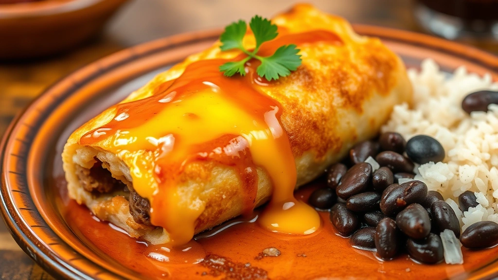 Crispy chimichanga golden-brown exterior, melted cheese and sauce dripping, cilantro sprig garnish, rice and black beans on side, warm pottery plate, traditional Mexican restaurant setting