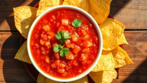 Overhead shot of vibrant red Chi-Chi's salsa in a white ceramic bowl with fresh warm tortilla chips arranged artfully around it, garnished with cilantro sprigs, natural daylight streaming across wooden table surface, photorealistic food photography