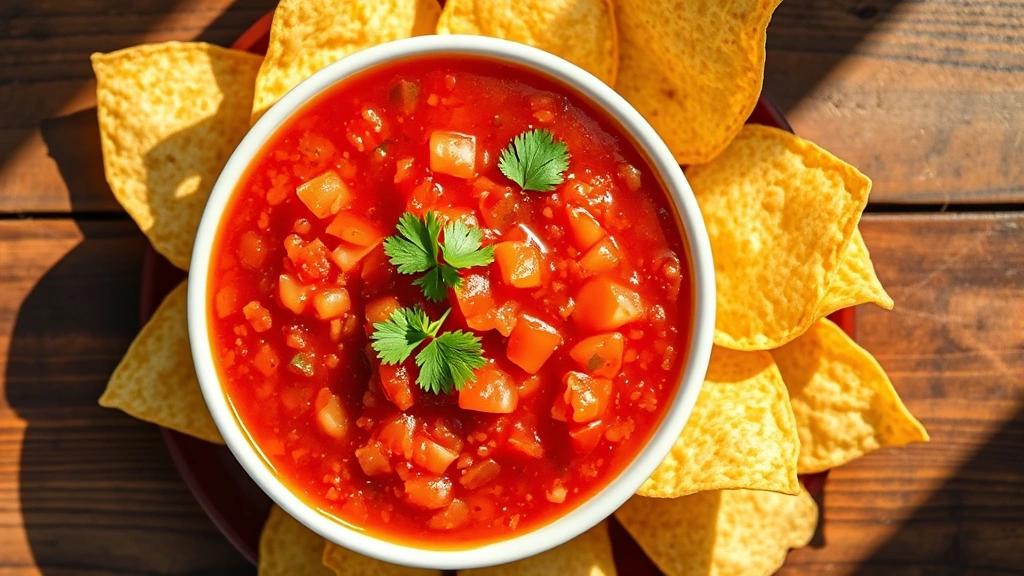 Overhead shot of vibrant red Chi-Chi's salsa in a white ceramic bowl with fresh warm tortilla chips arranged artfully around it, garnished with cilantro sprigs, natural daylight streaming across wooden table surface, photorealistic food photography